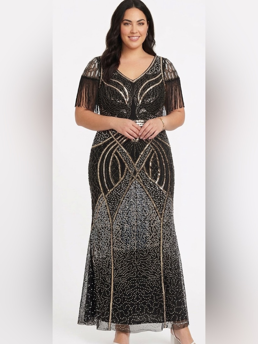 Babeyond Black Sequin Maxi Dress with Gold Accents